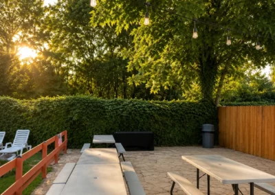 Party patio with picnic tables and string lights at sunset, Heights Pool San Antonio