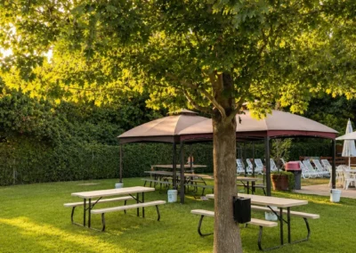 Picnic tables and gazebos on the lawn at Heights Pool, San Antonio